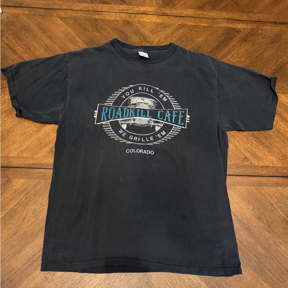 Vintage Alore Roadkill Cafe Colorado Graphic‎ T-Shirt Black XL Menu Humor Tee